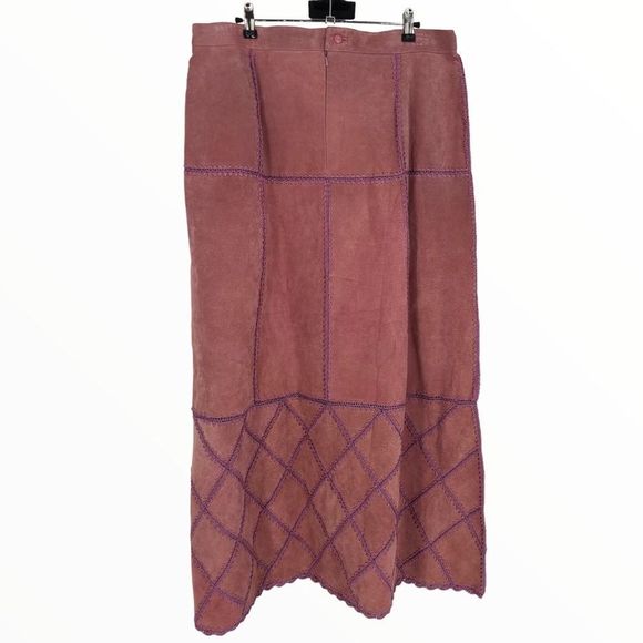 Y2K Vintage Mauve Pink Patchwork Pieced Leather Stitched Midi Skirt NWT size 12 - Picture 8 of 12